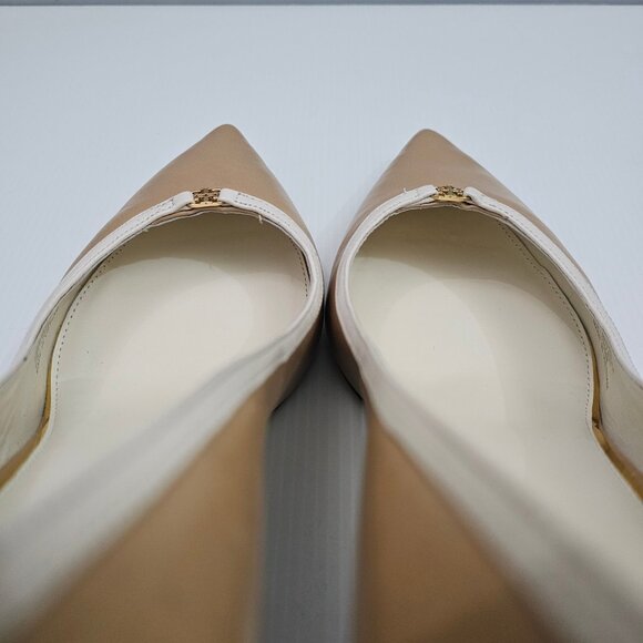 Tory Burch Double T Buckle Pump Womens 10.5 Tan Cream Leather Pointed Toe Heels - Picture 15 of 16
